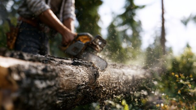 Lumberjack using chainsaw to cut tree in forest environment