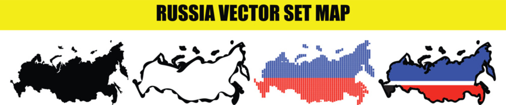Set of four different russia vector map designs featuring solid outline and national flag styles