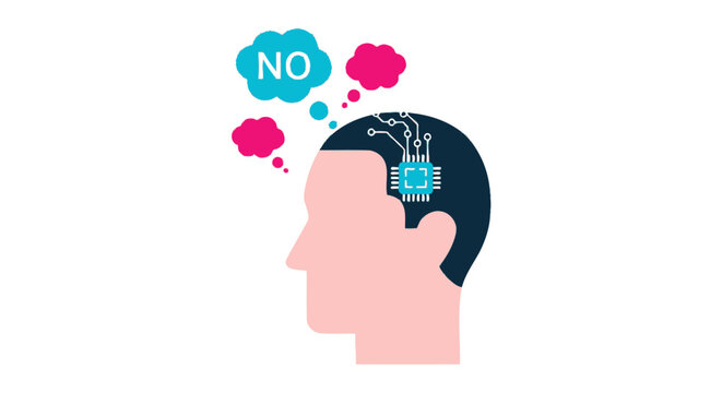 AI Rejection and Human Brain Implant Concept Illustration with Microchip and NO Message Thought Bubble