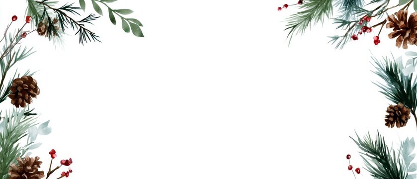 Festive winter foliage border with pine cones and berries