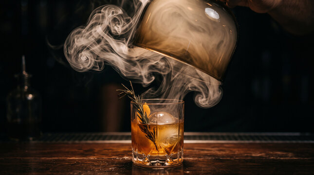 Bartender preparing a smoked cocktail with smoke trapped under a glass cloche on a wooden bar.