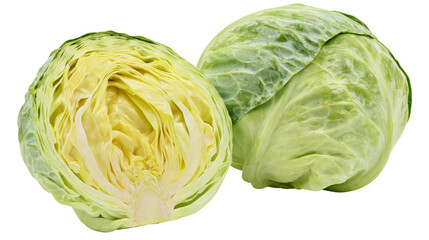 Fototapeta premium Fresh green cabbage one whole and one halved, isolated on transparent background