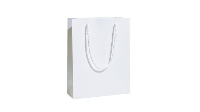 Plain white paper shopping bag with rope handles, isolated on transparent background