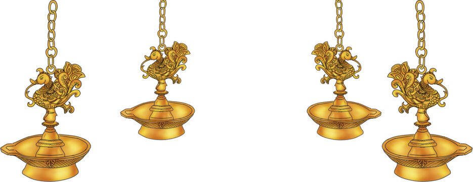 Hanging brass diya oil lamps with peacock design illustration
