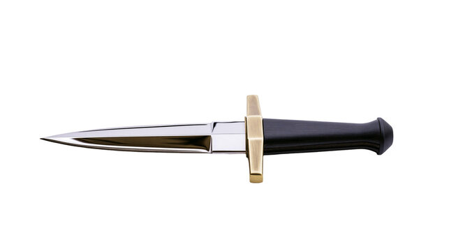 Polished steel dagger with black handle and gold crossguard, isolated on transparent background