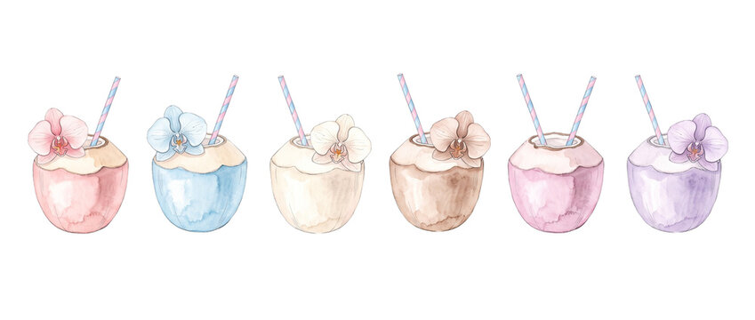 Coconut drink watercolor tropical cocktail set with orchid flower and straw isolated on white background for summer party refreshment exotic beverage design pastel color coconut water illustration ele