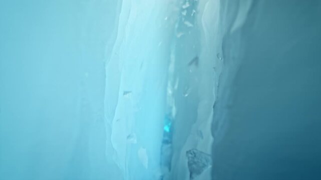 Super Slow Motion SHot of Camera Passing Through Glacier Ice Crack With Falling Ice.