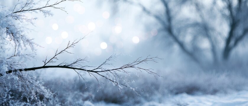 Winter landscape with frosty branches and blurred snowy background