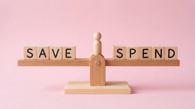 Wooden balance scale showing save versus spend on pink. Financial planning illustration representing budget management, investment decisions, savings account growth and personal