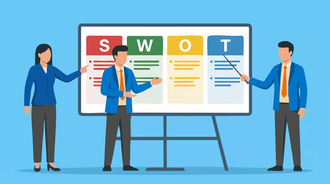 Business team conducting SWOT analysis presentation on whiteboard