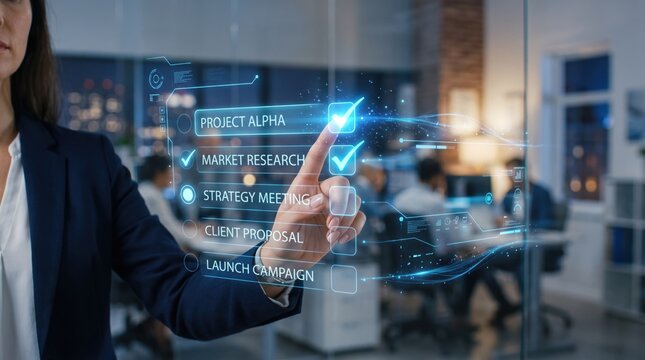 Businesswoman touching futuristic holographic interface, checking project alpha tasks on virtual screen, modern office background, digital transformation concept.