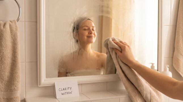 Woman wiping steamy bathroom mirror with towel revealing smiling reflection and clarity note for self care and mental wellness concept