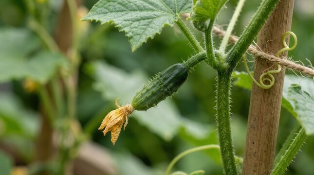 A tender young cucumber fruit emerging from a delicate yellow blossom on a climbing vine in a lush organic garden