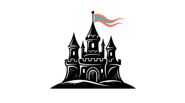 Black and white illustration of a fairy tale castle with towers and flag on a hill