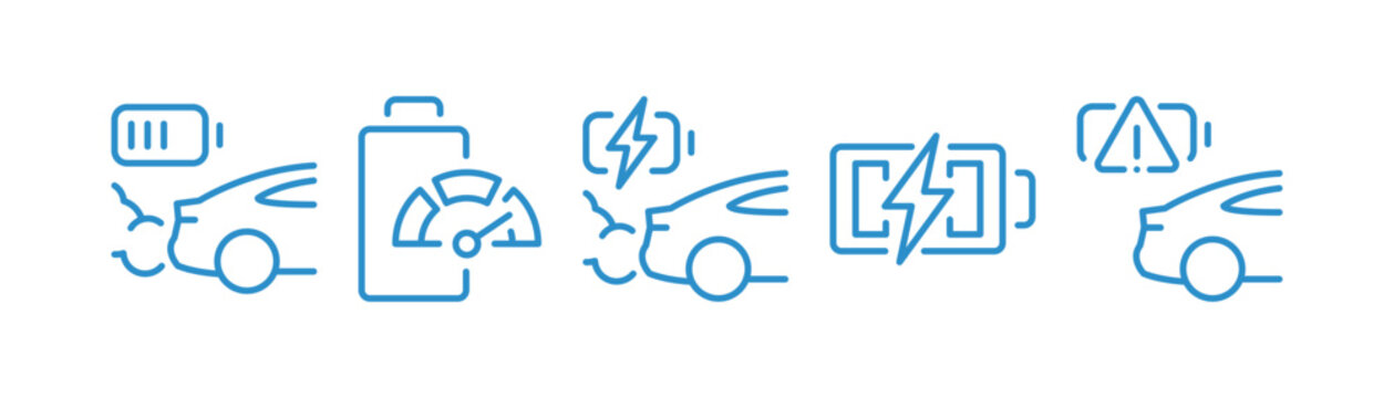 Electric vehicle battery charging icons collection, rechargeable power symbols, electricity level signs and EV energy elements for transportation design, outline editable stroke vector illustration.
