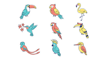Obraz premium Collection of colorful tropical birds including toucan parrot flamingo and macaw
