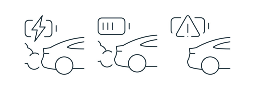 Electric vehicle charging warning icons set, battery level and power status symbols, rechargeable energy signs for EV transportation systems, outline editable stroke vector illustration.

