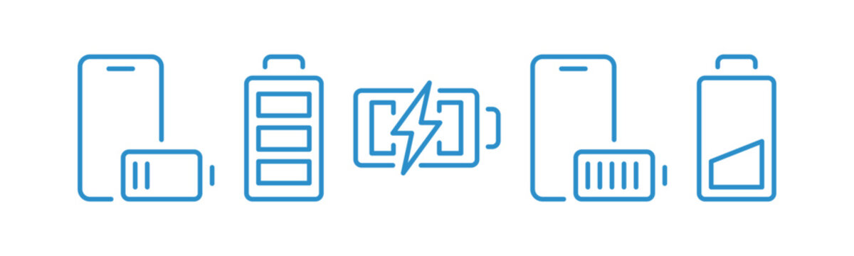 Battery and mobile device icons set, rechargeable power symbols, electricity level indicators, smartphone energy elements for digital applications, outline editable stroke vector illustration.
