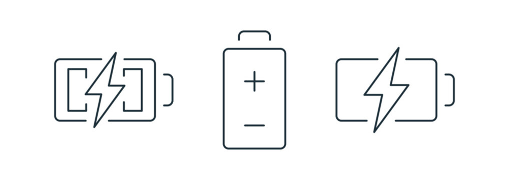 Battery charging icons set, rechargeable power symbols, electricity level indicators, mobile device battery elements, electric energy status signs for smartphone applications vector illustration.
