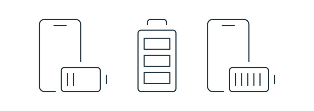 Battery level icons set, rechargeable energy indicators, mobile power status collection, electricity monitoring symbols outline editable stroke vector illustration.
