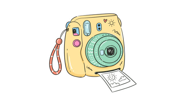 Cute cartoon yellow instant camera with a photo coming out, colorful illustration