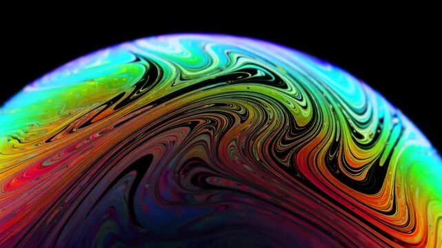  Macro soap bubble thin film surface, interference patterns, rainbow colors, static, dark background