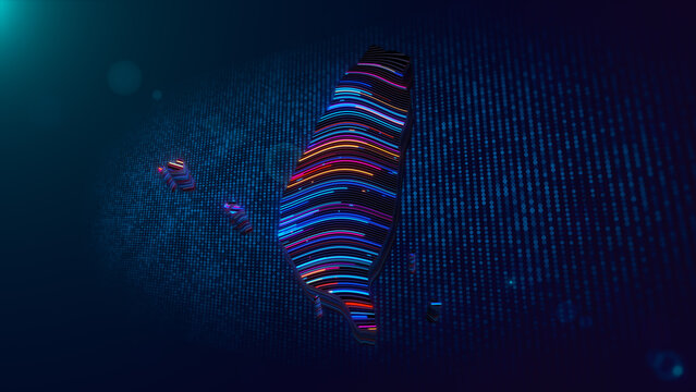 Vibrant futuristic Taiwan map featuring glowing wavy 3D extruded lines over a digital blue particle grid with colorful neon lighting, depth of field, and abstract technology background.