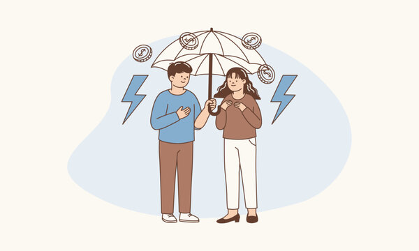 Couple Under Umbrella Made of Savings to Protect Against Financial Storm Vector