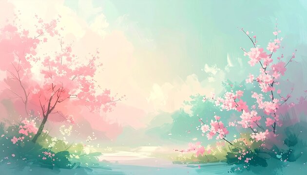 Soft spring blossom gradient background in pale pink and fresh green with delicate cherry blossom branches