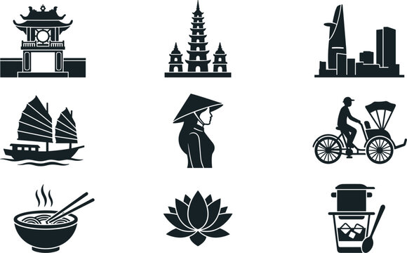 Vietnam travel and culture flat vector icon set featuring traditional temple pagoda cityscape junk boat conical hat cyclo pho noodles lotus and iced coffee.