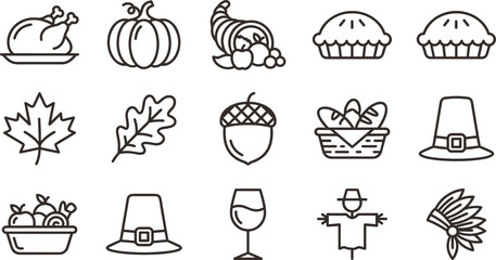 Thanksgiving and autumn line icon set featuring turkey pumpkin pie maple leaf acorn pilgrim hat cornucopia bread basket scarecrow and festive elements. © Rubel