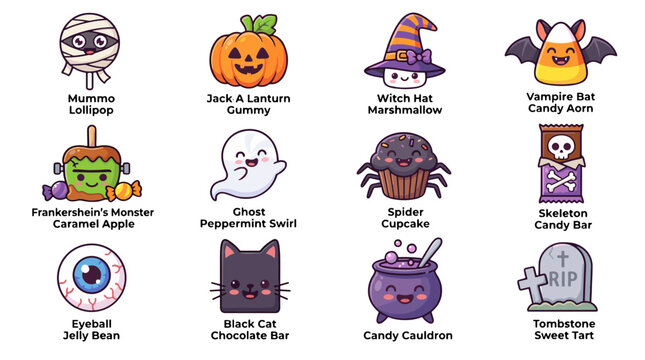 Cute halloween characters and spooky creatures in a colorful cartoon style for festive design