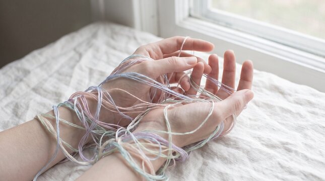 Hands entangled in colorful yarn strings on a white fabric surface by a window, symbolizing confusion, restriction, or a creative hobby process