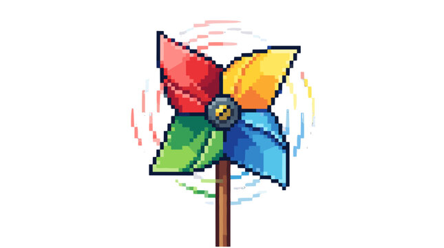 Colorful pixel art pinwheel with vibrant blades spinning on a wooden stick