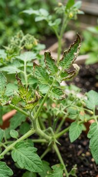 Tomato plant with curling leaves and marginal leaf necrosis caused by nutrient deficiency in a garden setting