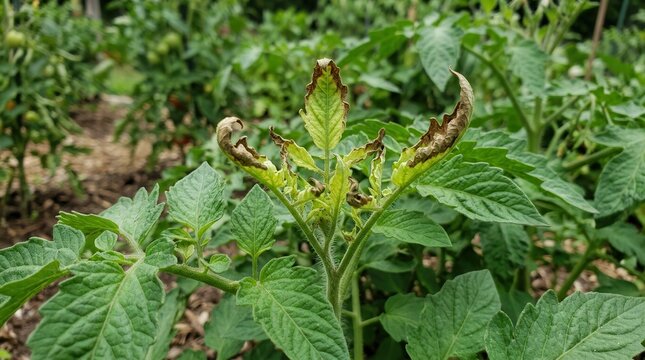 Tomato plant with curling leaves and marginal leaf necrosis caused by nutrient deficiency in a garden setting