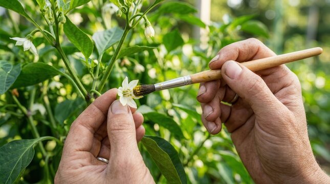 Close-up of a gardener hand-pollinating a white pepper flower using a fine paintbrush