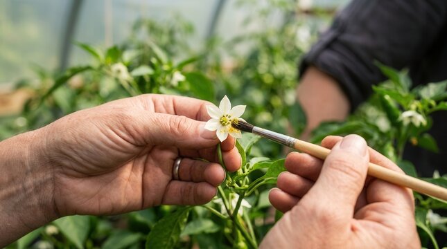Close-up of a gardener hand-pollinating a white pepper flower using a fine paintbrush
