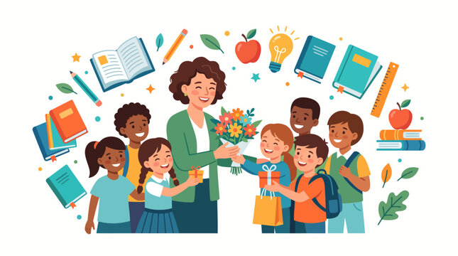 Happy teacher receiving flowers and gifts from diverse students surrounded by school supplies and books