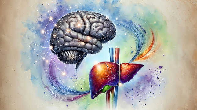 Human brain and liver illustration with colorful abstract background