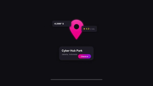 Animated pink map pin with digital interface on dark background
