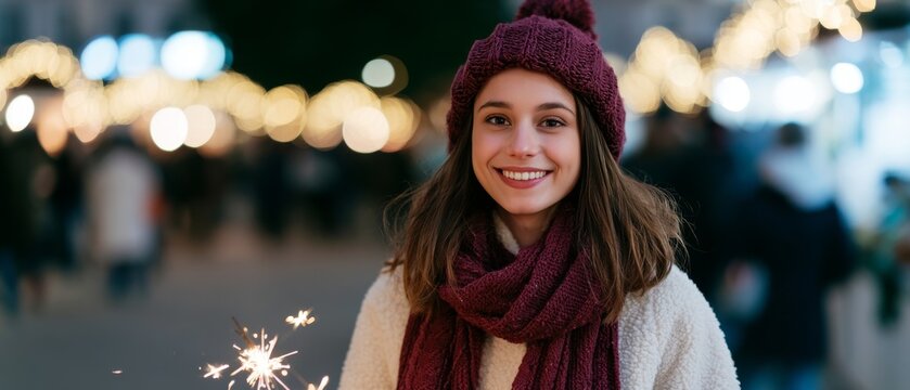 Smiling woman holding sparkler at festive outdoor market