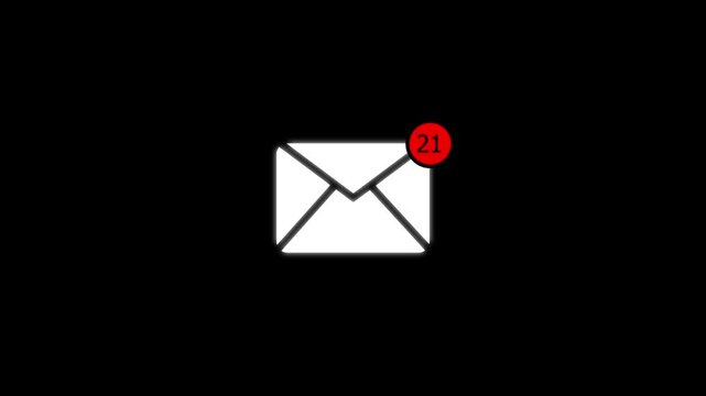 Email notification with unread 22  message counter animation on black background, envelope 4k stock  video.