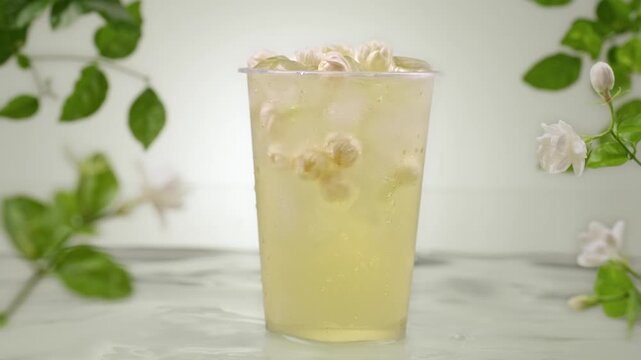  Iced jasmine green tea beverage in clear plastic cup topped with fresh white jasmine buds and ice cubes, refreshing cold drink with floral background for summer refreshment advertising