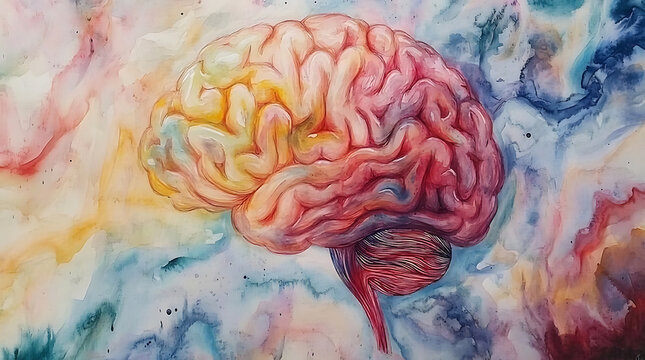 Abstract brain illustration with colorful neural network and feather detail