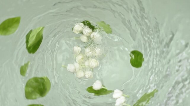 Top view macro video of fresh white jasmine flower buds and green leaves falling into swirling clear water vortex, organic botanical extract and tea processing background for commercial advertising