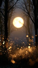 Fototapeta premium Mysterious forest with glowing lights under a full moon