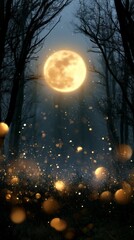 Fototapeta premium Mystical forest scene with full moon and glowing orbs