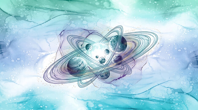Abstract cosmic swirls with glowing blue and purple spheres in space