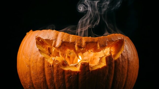 Spooky Halloween Jack-o'-lantern with a carved mouth glowing from candlelight and rising smoke on a black background
